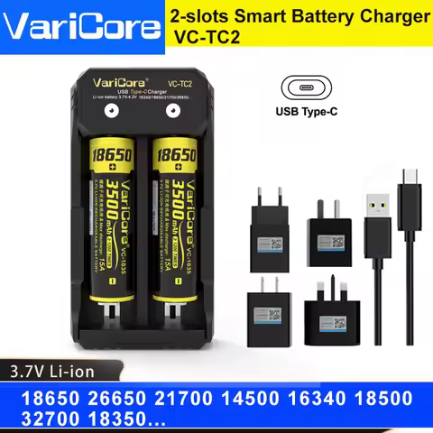 VariCore TC2 2-slot Intelligent Battery Charger Portable for 3.7V Lithium 18650 26650 21700 18500 18