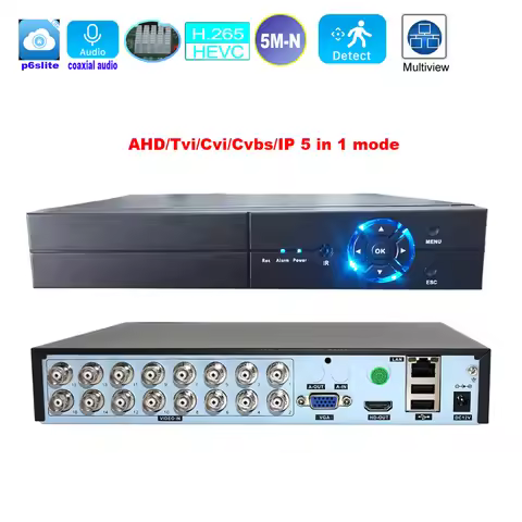 Smart Intelligence 16 Channels 5M-N DVR Coaxial Audio P2P Hybrid 5 In 1 5MP NVR H.265 for CCTV AHD T