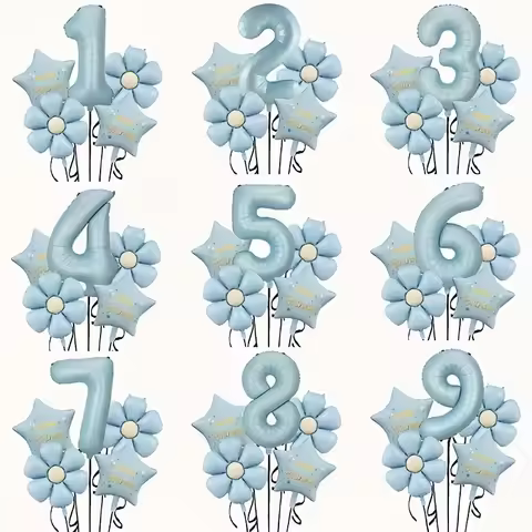 5Pcs 32in Retro Blue Number Foil Balloons + 2 Daisies + 2 Stars Aluminum Balloon Set for Birthday An