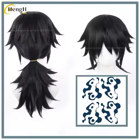 In Stock Synthetic Hair Anime Tomioka Giyuu Unisex 40cm Black Ponytail Cosplay Wig Stickers Heat Res