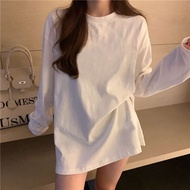 t shirt lengan panjang perempuan tshirt woman t shirt budak perempuan t shirt ootd Baju-T lengan panjang putih baju peluh longgar musim luruh wanita berlapis bawah lapisan asas baldu musim sejuk berus kapas atas