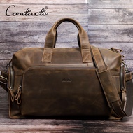 CONTACTS Vintage Luggage Bag Crazy Horse Leather Shoulder Messenger Bags for Men Travel Totes Bag fo