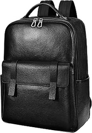 Black leather backpacks for men, 15.6 inch laptop backpack with computer compartment, Work Travel Lu