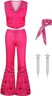 Bar-bie Cowgirl Costume Outfit Women Adult 70s 80s Hippie Disco Halloween Costume Pink Flare Pant Movie Western Cosplay
