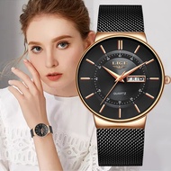 LIGE ผู้หญิงนาฬิกาแบรนด์หรูบางเฉียบปฏิทินสัปดาห์ควอตซ์นาฬิกาสุภาพสตรีตาข่ายสแตนเลสกันน้ำของขวัญ R Eloj Muje กล่อง