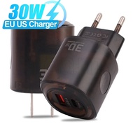 30W Dual Ports Phone Charger - USB & Type-C Quick Charge Plugs - USB Adapter Standard Chargers - EU 