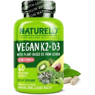NATURELO Vitamin D3 K2 - Vegan K2+D3 with Plant Based D3 from Lichen - Natural D3 Supplement for Imm