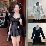 Vest set 3 Piece long-sleeved crop top with strapless top mixed with pleated skirt hacked waist Bigs