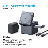 【With Charger】Anker MagSafe Charger Stand 3-in-1 Cube with MagSafe 15W Max Fast Charging Stand Folda
