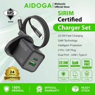 【SIRIM Certified】AIDOGA CH-537 GaN 22.5W Smart Charger Fast Charging Dual Port Quick Charge Power Ad