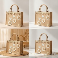 Woven Handbag Structured Tote Bag Handbag with Lace Lightweight Natural for Women, Beach, Vacation