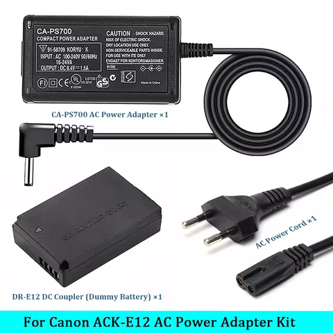 for Canon ACK-E12 AC Power Adapter Kit with CA-PS700 Power Supply & DR-E12 Dummy Battery for EOS M/M