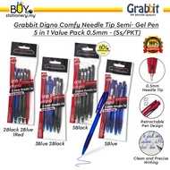 Grabbit Pen 5pcs 0.5mm Digno Comfy Semi Gel Pen 0.5 Needle Tip Value Pack - (5s/PKT) Black Blue Stat
