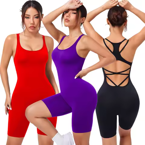 Women Spaghetti Straps Yoga Jumpsuit Crisscross Hollow Back One Piece Bodysuit High Stretch Tight Bi