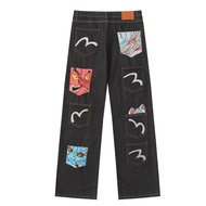 All-Match Embroidery Denim Trousers Heavy Craft Embroidery Distressed Stitching Trousers