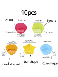 10入組隨機顏色硅膠杯子,可重複使用,圓形/正方形/心形/星形/玫瑰形蛋糕杯