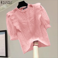 ZANZEA เสื้อทำงานแขนสั้นฉลุลายสำหรับผู้หญิงเสื้อธรรมดางานเย็บปะติดลูกไม้เสื้อยืดคอกลม #0825