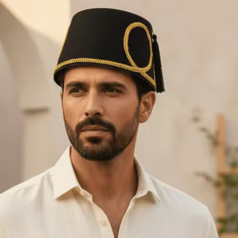 Black Tassel Turkish Fez Hat Wool Felt Fabric Gold Braid Edge Morocco Cap One Size Fits All Stiff St