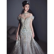 Off Shoulder Fishtail Lace Wedding Gown for Bride 2025 New French Travel Photography Temperament Cel