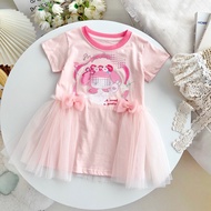 Short Sleeved Dress for Kids Girls Mesh Princess Dress for Kids Diamond Sparkling Cute Baju Budak Pe