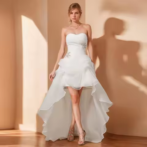 Exquisite Civil Wedding Dresses Organza A-line Wedding Party Dress Ivory Strapless Pleat Ruffles Bea