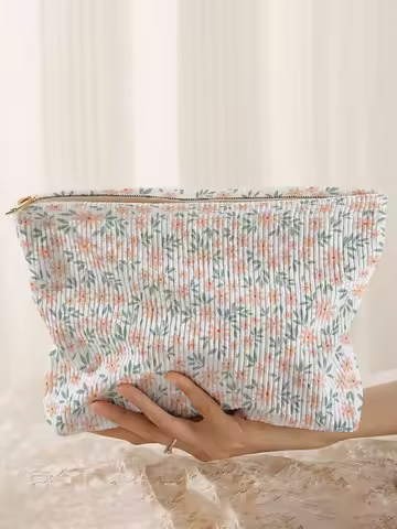 Peach small daisy floral print corduroy makeup bag, lightweight zipper pouch, multi-purpose lined co