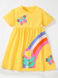 女童夏季短袖禮服黃色休閒圓領上衣動物蝴蝶彩虹小花紋洋裝2-7歲