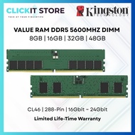 KINGSTON VALUE DDR5 5600MHz CL46 non-ECC DIMM Dekstop RAM | 8GB/16GB/32GB/48GB | KVR56U46BS6