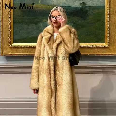 Neo Mint Runway Show Yellow Striped Long Faux Fur Coat Women 2025 Winter Fluffy Fox Fur Overcoat Gir