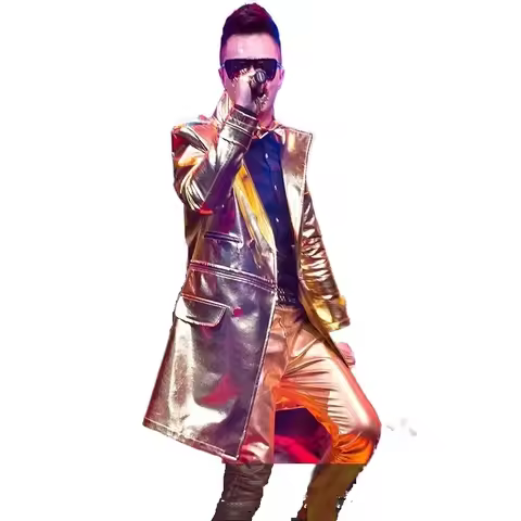 Golden Metallic Man Boy's Chic Trench Coat Live Show Dance Costume Music Festival Singers Hoster Har