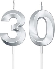 Silver 30th Birthday Candles for Cakes, Number 30 Candle Cake Cupcake Topper for Birthday Anniversar