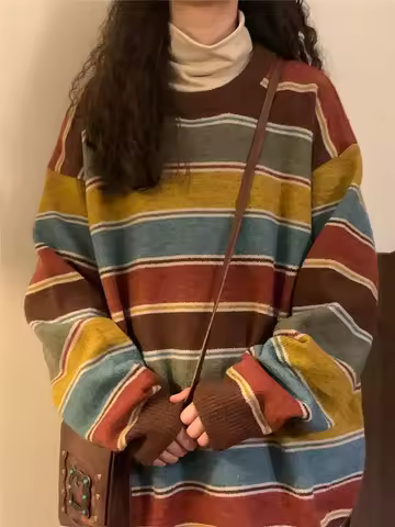 Zoki Retro Harajuku Striped Sweater Women Japan Oversize Loose Knitted Jumper Bf Preppy Style Long S