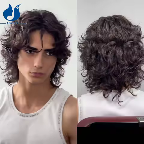 Amethyst Loose Curly Natural Black Wolf Cut Lace Front Human Hair Wig for Men Brazilian Remy Hair Mi