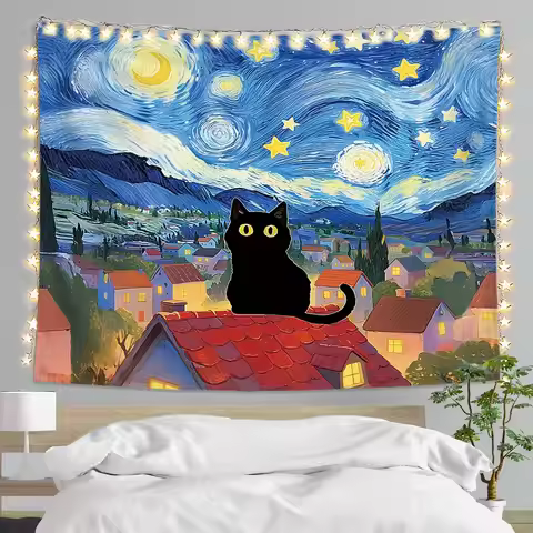 Magical Black Cat Starry Night Tapestry Wall Hanging Milky Way Constellation Fantasy Art Decor for B