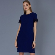 GUY LAROCHE BUSINESS SHORT SLEEVE SHIFT DRESS เดรสแต่งแขนลูกไม้ เดรสใส่ทำงาน เดรสสีกรม กีลาโรช ชุดเด