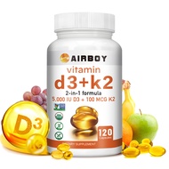 Vitamin D3 + K2 | 5000 IU D3 (Cholecalciferol Form) for Calcium Absorption | 100 mcg K2 (Menadione-7