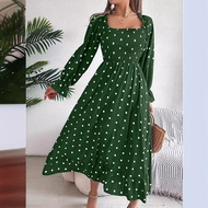 2025 Spring Summer Womens Dress Square Collar Wooden Ears Ladies Long Dress Polka Dot Elegant Womens