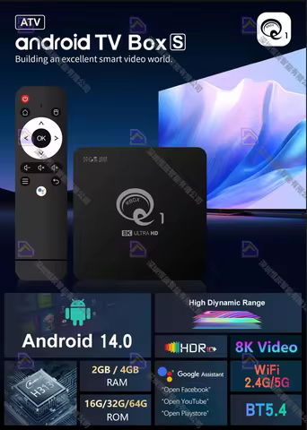 Q1 Smart TV Box Allwinner H313 Android 14.0 Free IPTV Dual-Band WiFi 6 BT 5.4 H.264/VP9/AVS2 8K Medi