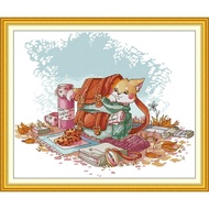 Joy Sunday Stamped Cross Stitch Ktis DMC Threads Chinese Cross Stitch Set DIY Needlework Embroidery Kit- The Little Fox in The Backpack.