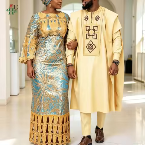 H&D African Dresses For Couples Traditional Embroidery Dresses African Clothing For Man Agbada Thobe