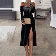 Fashion Sequins Halter Long Dress Sexy Shoulderless High Split Women Party Dress Elegant Solid Ladies Long Sleeve Bodycon Dress