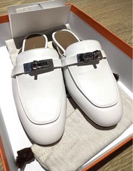 Hermes 白色銀扣半拖鞋 OZ mule
