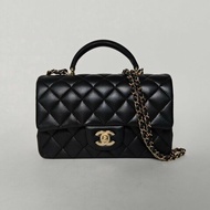 CHANEL CF口蓋包手柄大Mini20黑色羊皮晶片開淺金扣肩背包