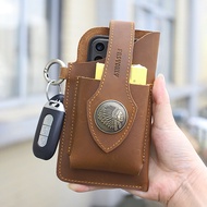 Cigerette Case Mobile Phone Sleeve Multifunctional Waist Bag Leather Shell Anti-fall Cowhide Cegerette Box Wearable Belt Can Hold Lighter and Card Cash with Keychain