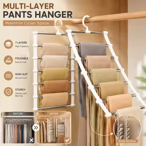 7 Layers Magic Pants Hanger Space Saving Closet Organizer Foldable Trousers Clothes Rack Wardrobe St