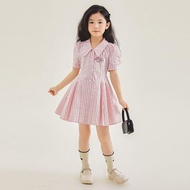 3-14Y Váy mùa hè sọc nơ cho bé gái 2025 váy ngắn tay mới cho trẻ em Váy sơ mi sành điệu cho bé gái