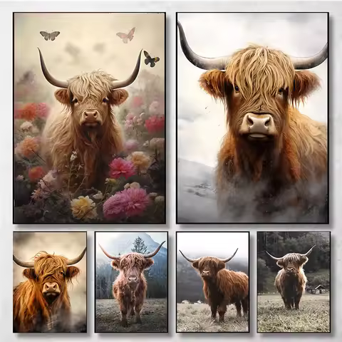 Scottish Highland Cow Wild Animal Nordic Nature Landscape Poster Diamond Painting Wall Art Pictures 