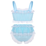 YiZYiF Sissy Men Underwear Sexy Costumes Set Ruffled Lace Sheer Chiffon Crop Top Skirted Petticoated Panties Exotic Sets For Men