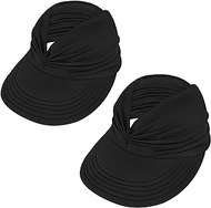 Sun Hats for Women Wide Brim Summer Hat with UV Protection Beach Sport Golf Sun Visor Cap with Ponytail Hole 2 Pack Black