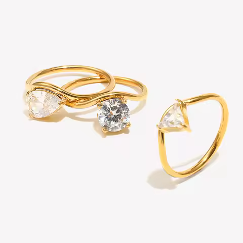 E.B.belle Wave Drop Round Zircon Ring Waterproof Minimalist 316L Stainless Steel Women's Rings 18K G